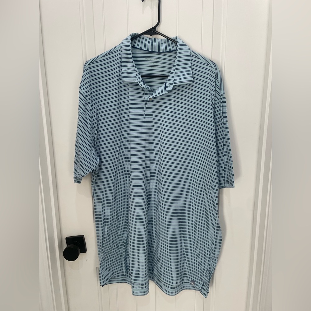 Peter Millar Light Blue and Navy Striped Polo